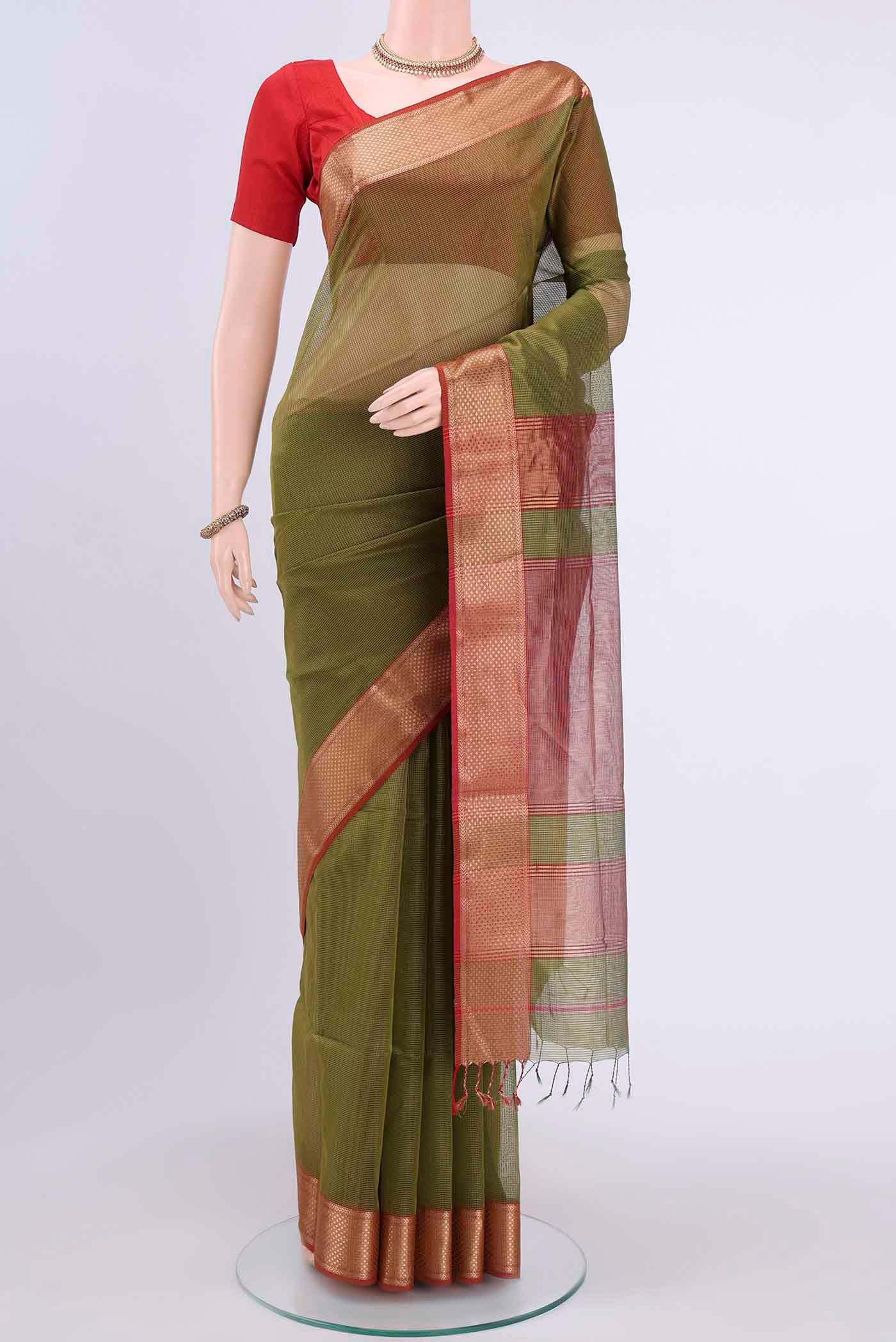 Mehandi Green Maheshwari Silk Cotton Saree with Checked design on the body and Zari Border displayed on a mannequin