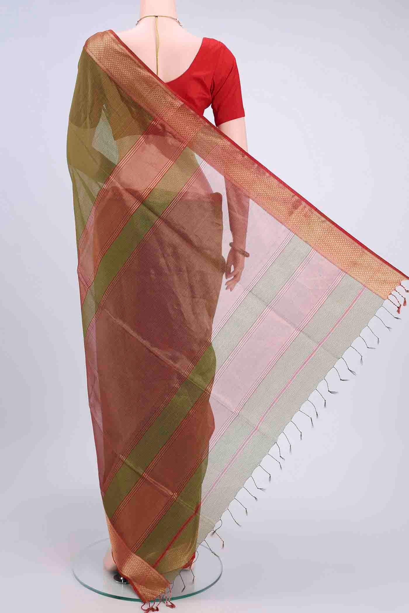 Flat view of Mehandi Green Maheshwari Silk Cotton Saree with Checked design on the body and Zari Border