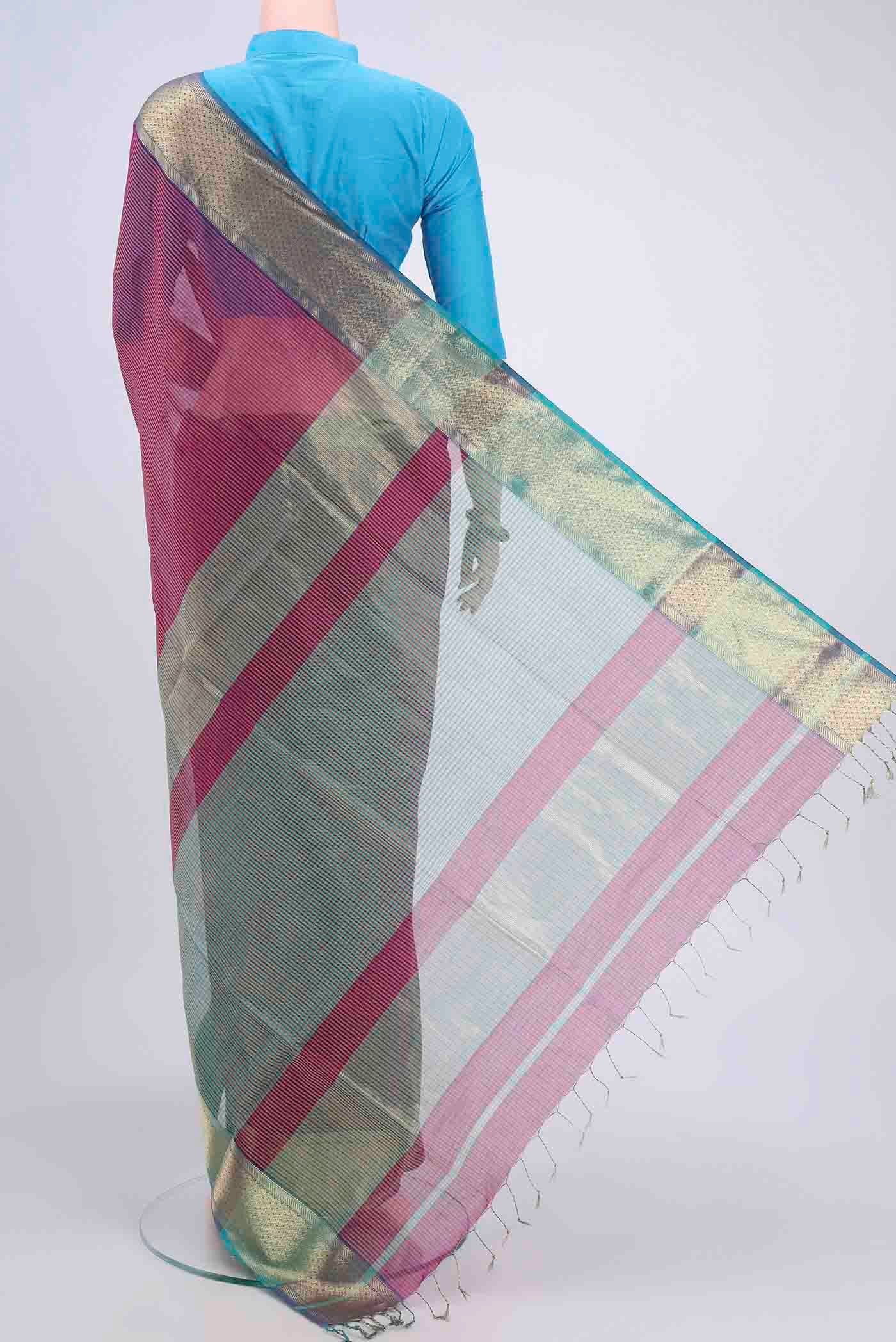 Flat view of Magenta Maheshwari Silk Cotton Saree with Stripes on the body and Zari Border