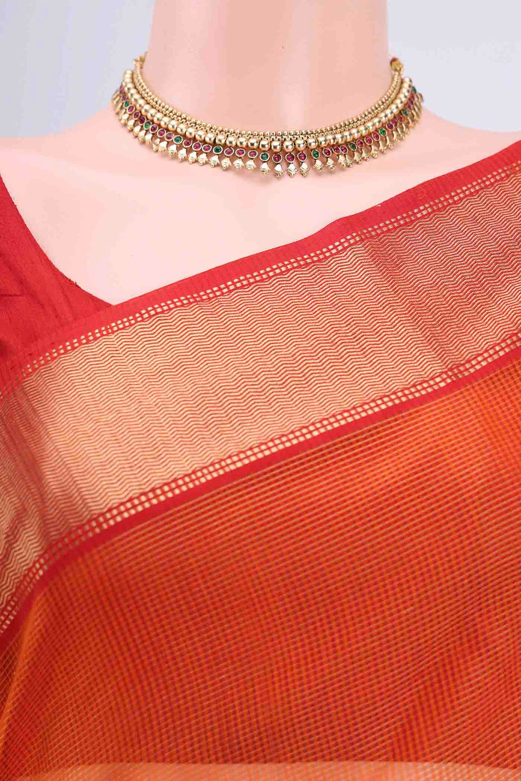 Border image of Orange Maheshwari Silk Cotton Saree with Checked design on the body and Zari Border