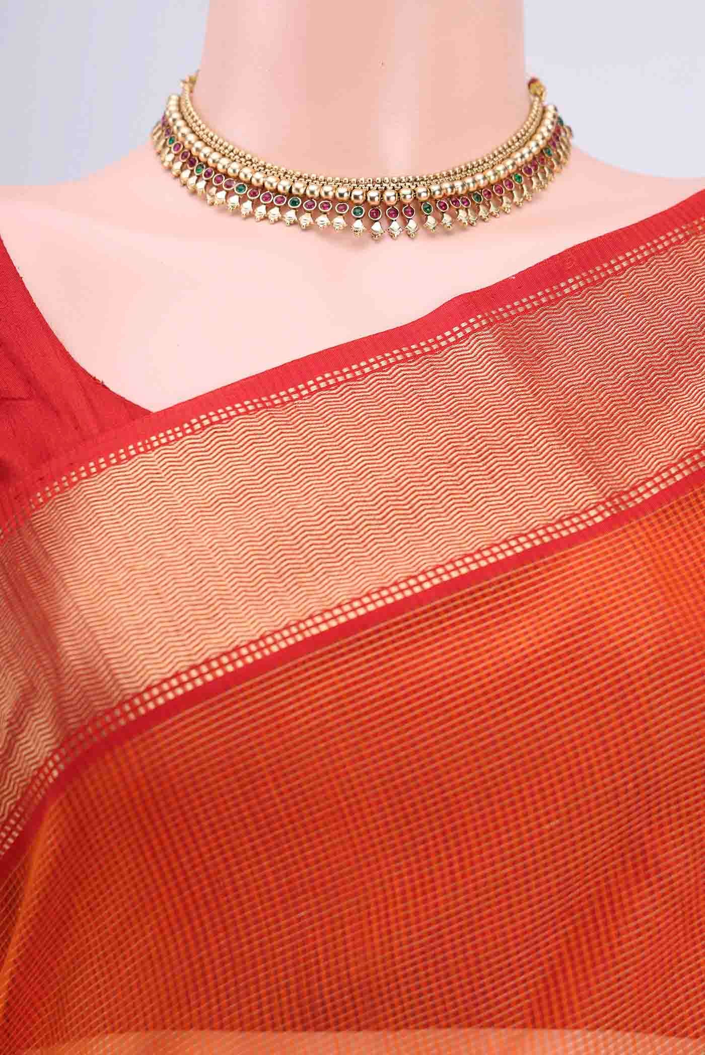 Border image of Orange Maheshwari Silk Cotton Saree with Checked design on the body and Zari Border