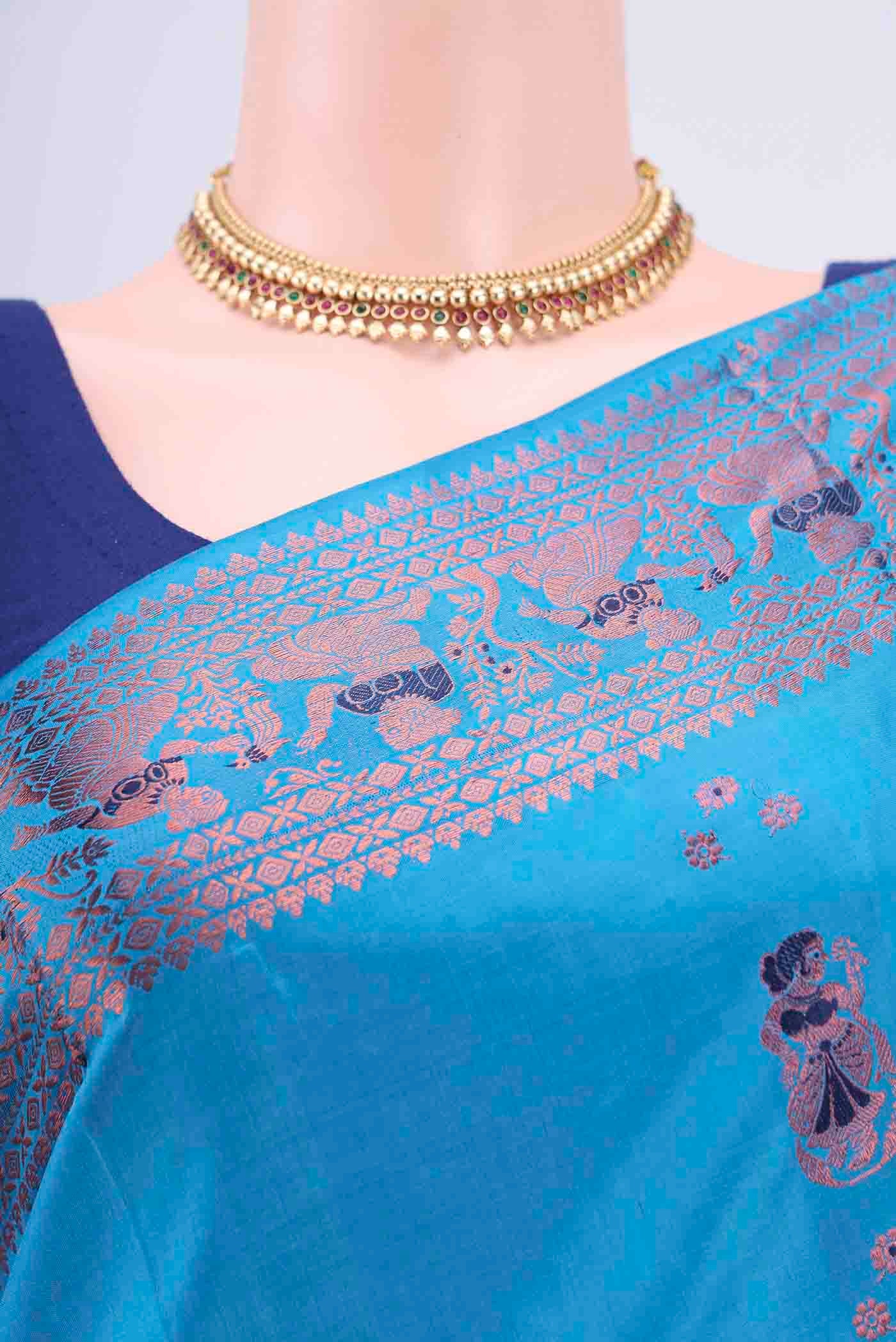 Border image of Blue Baluchari Silk Saree with Zari And Thread Butta on the body and Zari Border