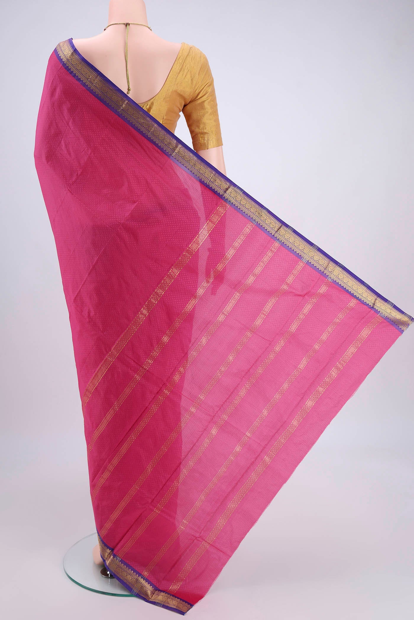 Flat view of Rose pink Blended Bangalore Silk Saree with Zari Butta on the body and Zari Border. 
