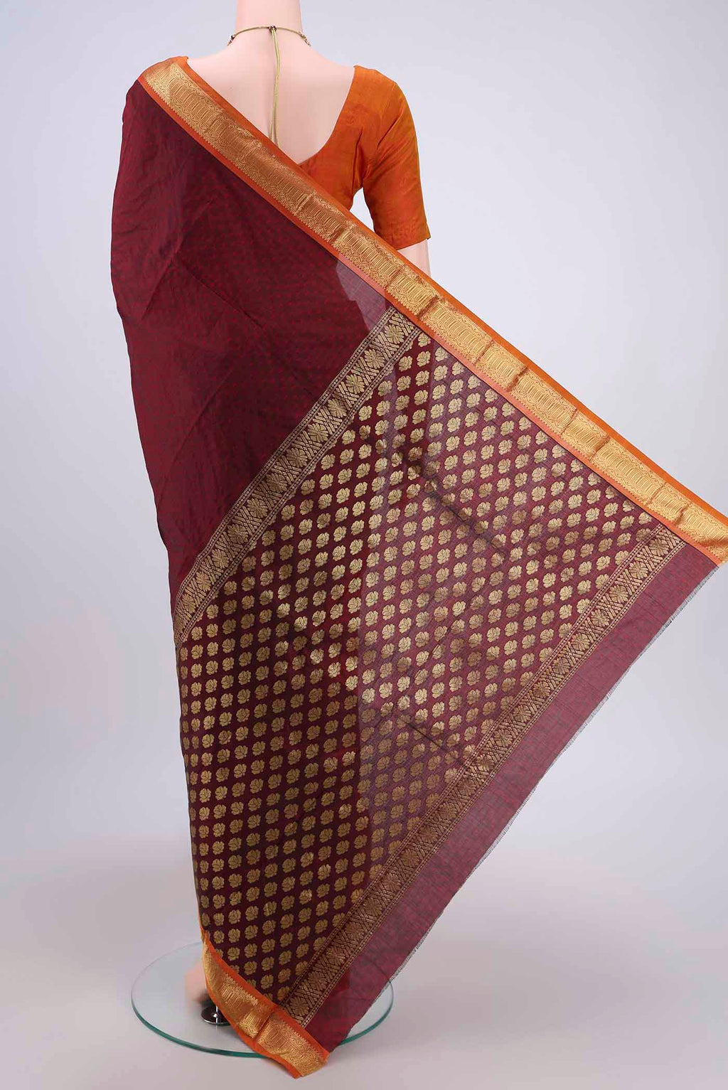 Flat view of Maroon Dual Tone Blended Bangalore Silk Saree with Jacquard design on the body and Zari Border. 