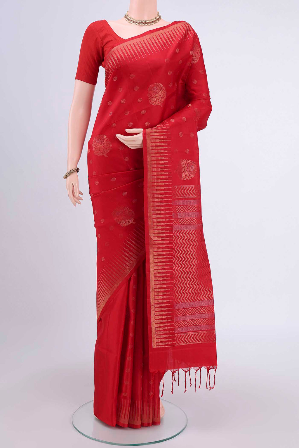 Red Dual Tone Soft Silk Saree with Zari Butta on the body and Zari Border displayed on a mannequin