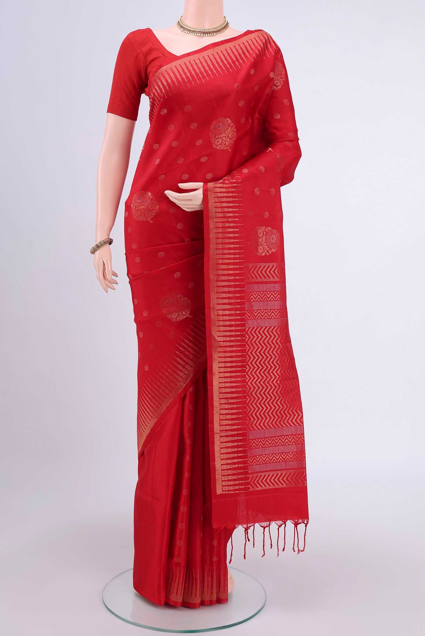 Red Dual Tone Soft Silk Saree with Zari Butta on the body and Zari Border displayed on a mannequin