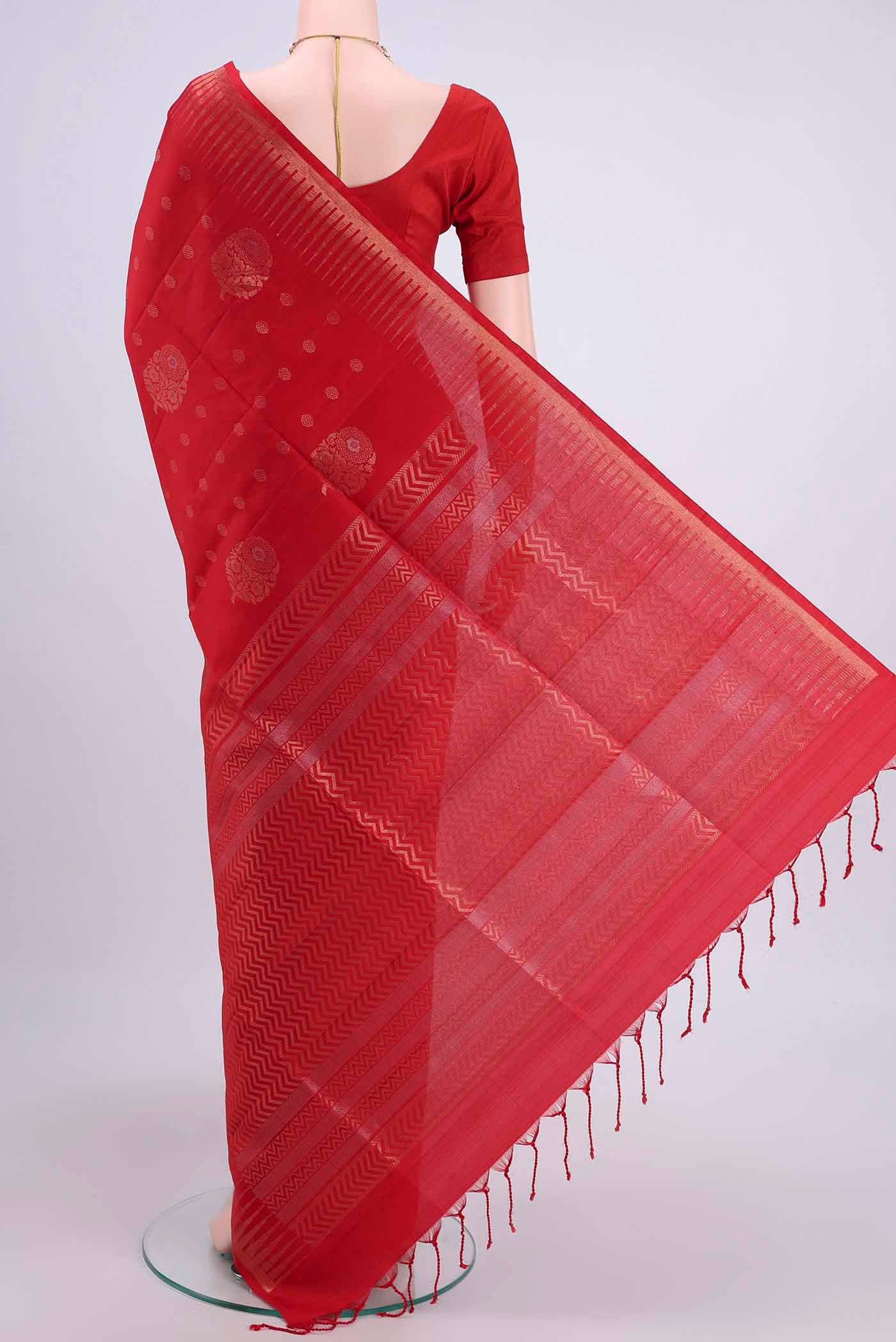Flat view of Red Dual Tone Soft Silk Saree with Zari Butta on the body and Zari Border