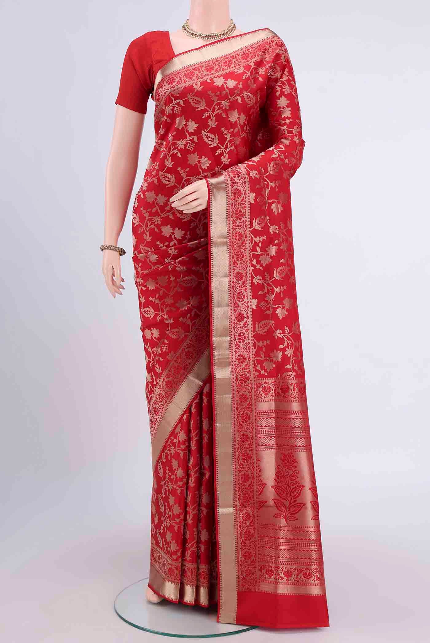 Deep Red Soft Silk Saree with Zari Brocade on the body and Zari Border displayed on a mannequin
