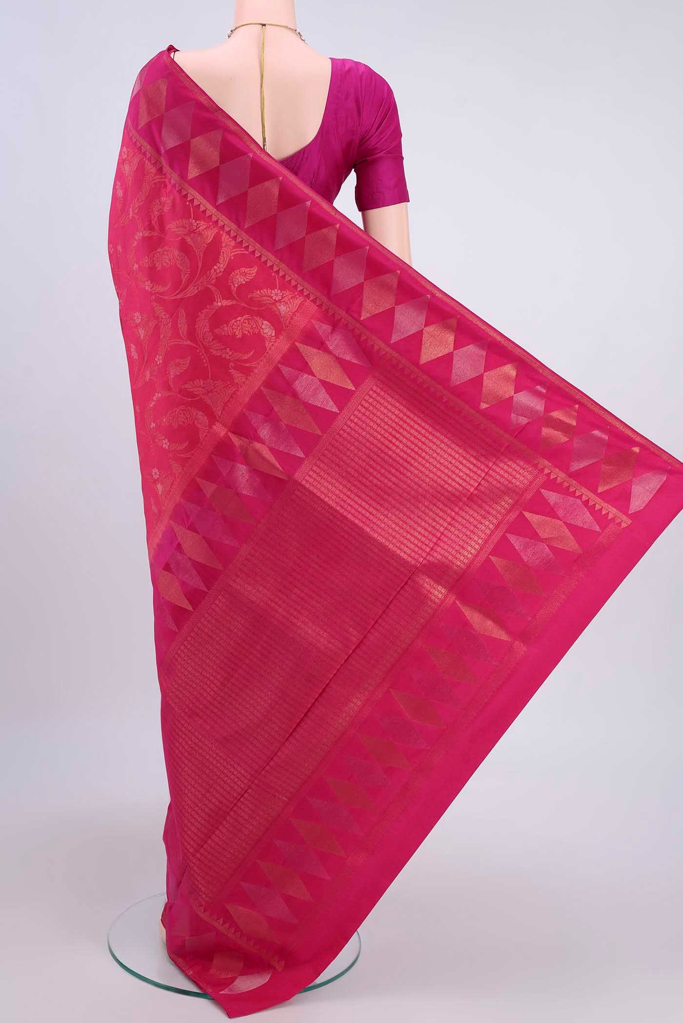 Flat view of Dark Pink Soft Silk Saree with Zari Brocade on the body and Zari Border