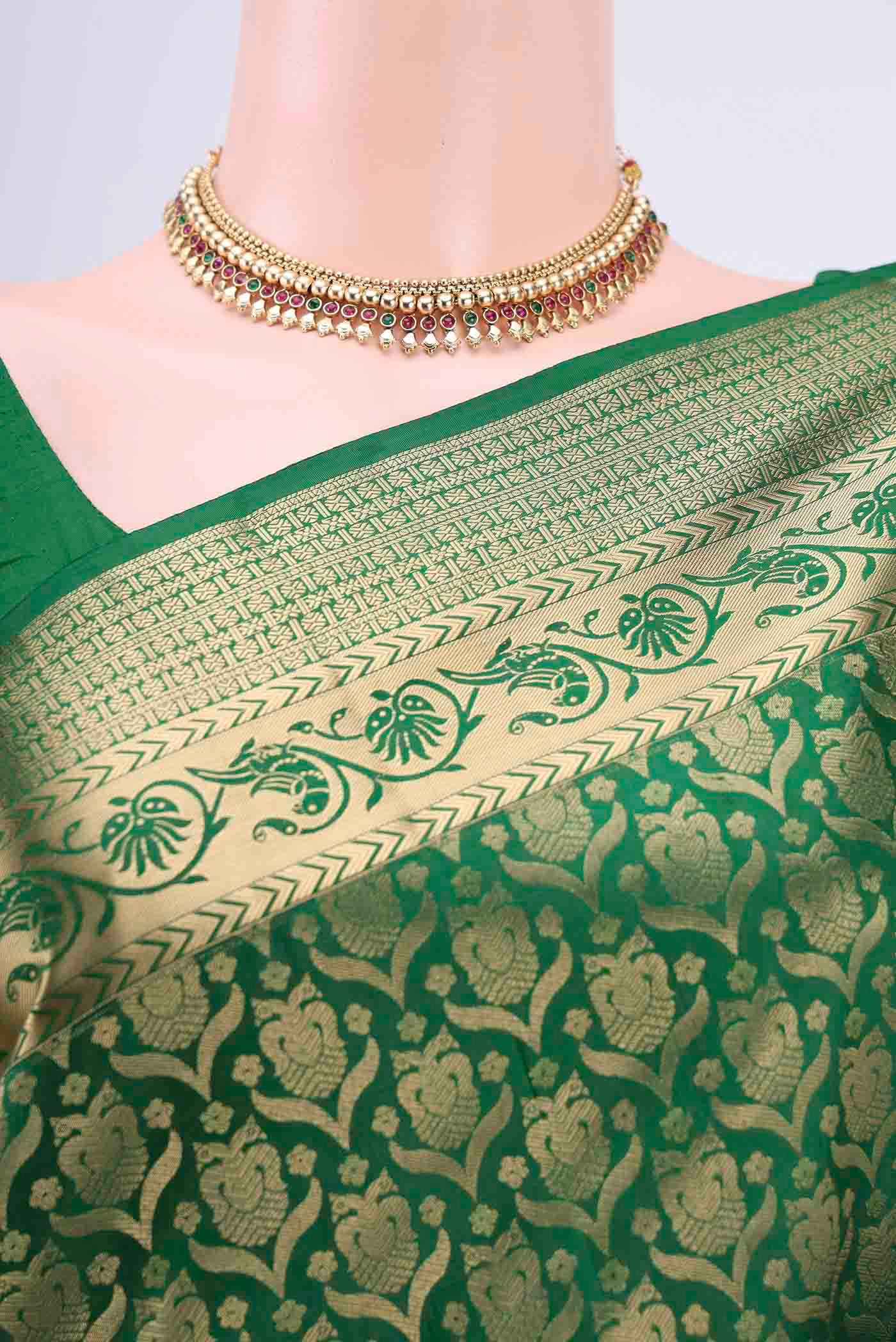 Border image of Bottle Green Soft Silk Saree with Zari Brocade on the body and Zari Border