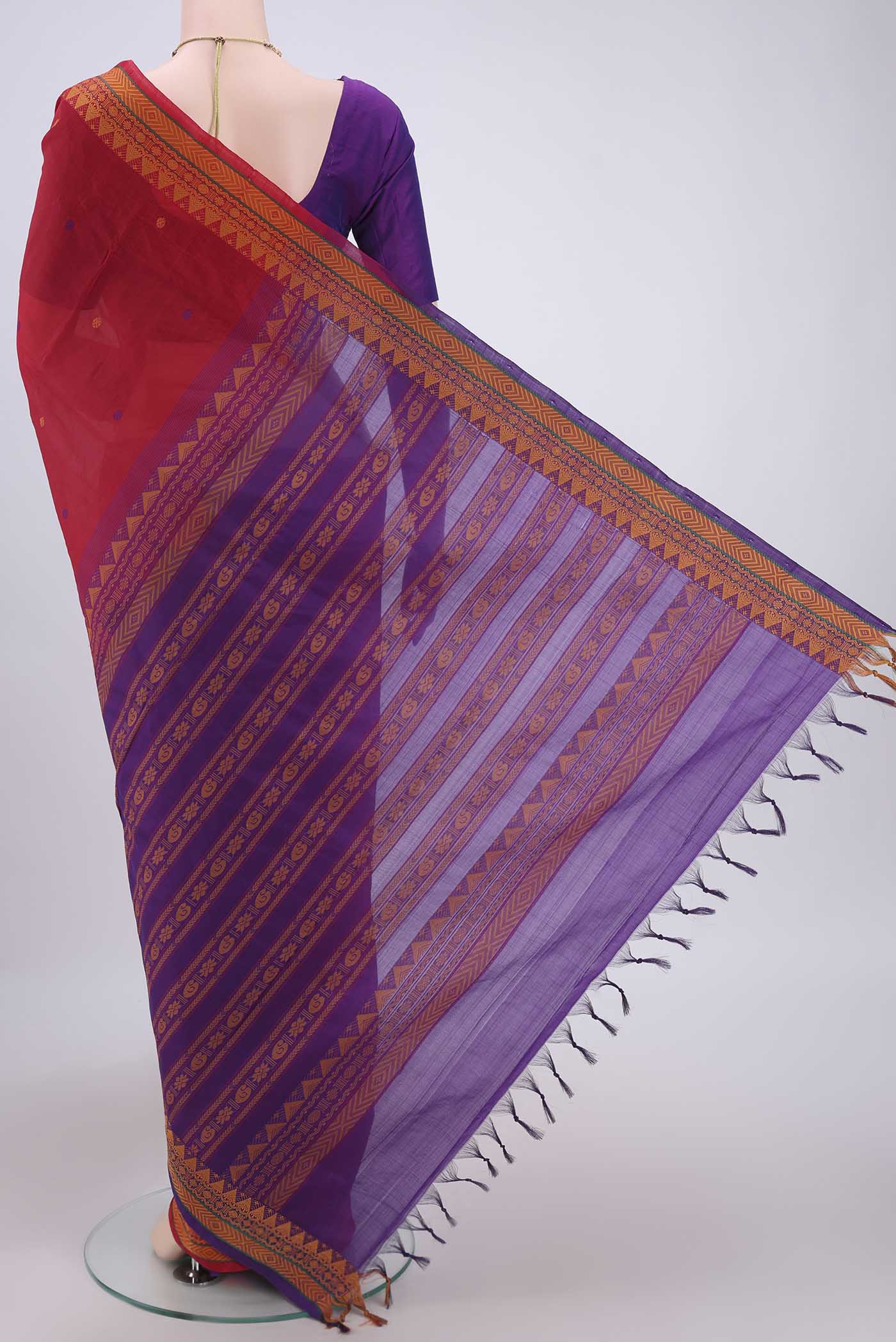 Flat view of Red Blended Poly Cotton Saree with Thread Butta on the body and Thread Border. 
