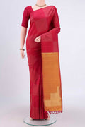 Dark Pink Kanchipuram Silk Saree with Stripes on the body and Zari Border.  displayed on a mannequin