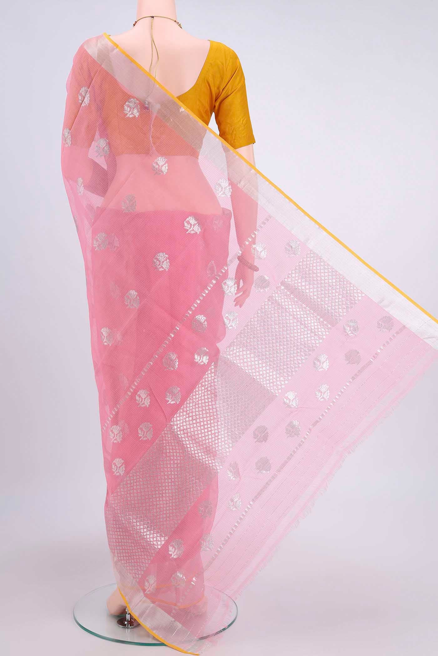 Flat view of Pure Silk Pure Zari Rose pink Kota Saree with Zari And Thread Butta on the body and Zari Border