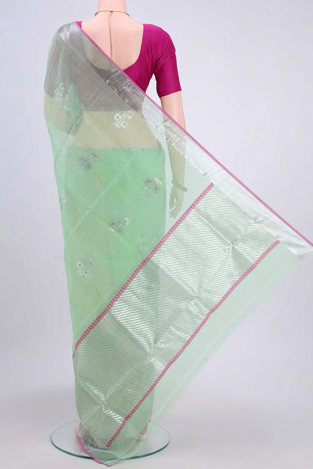 Flat view of Pure Silk Pure Zari Mint Green Kota Saree with Zari Butta on the body and Zari Border