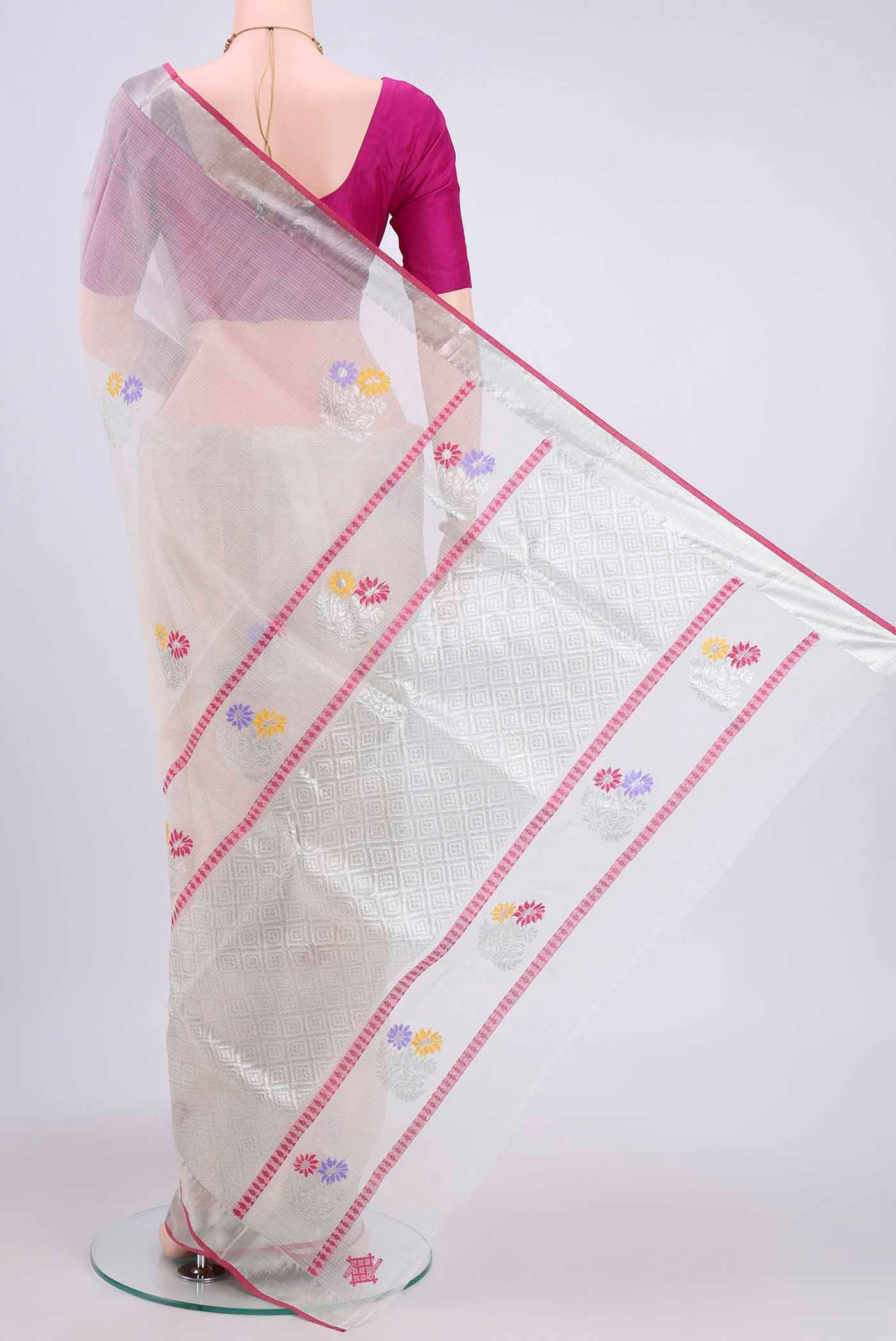 Flat view of Pure Silk Pure Zari Off White Kota Saree with Zari And Thread Butta on the body and Zari Border