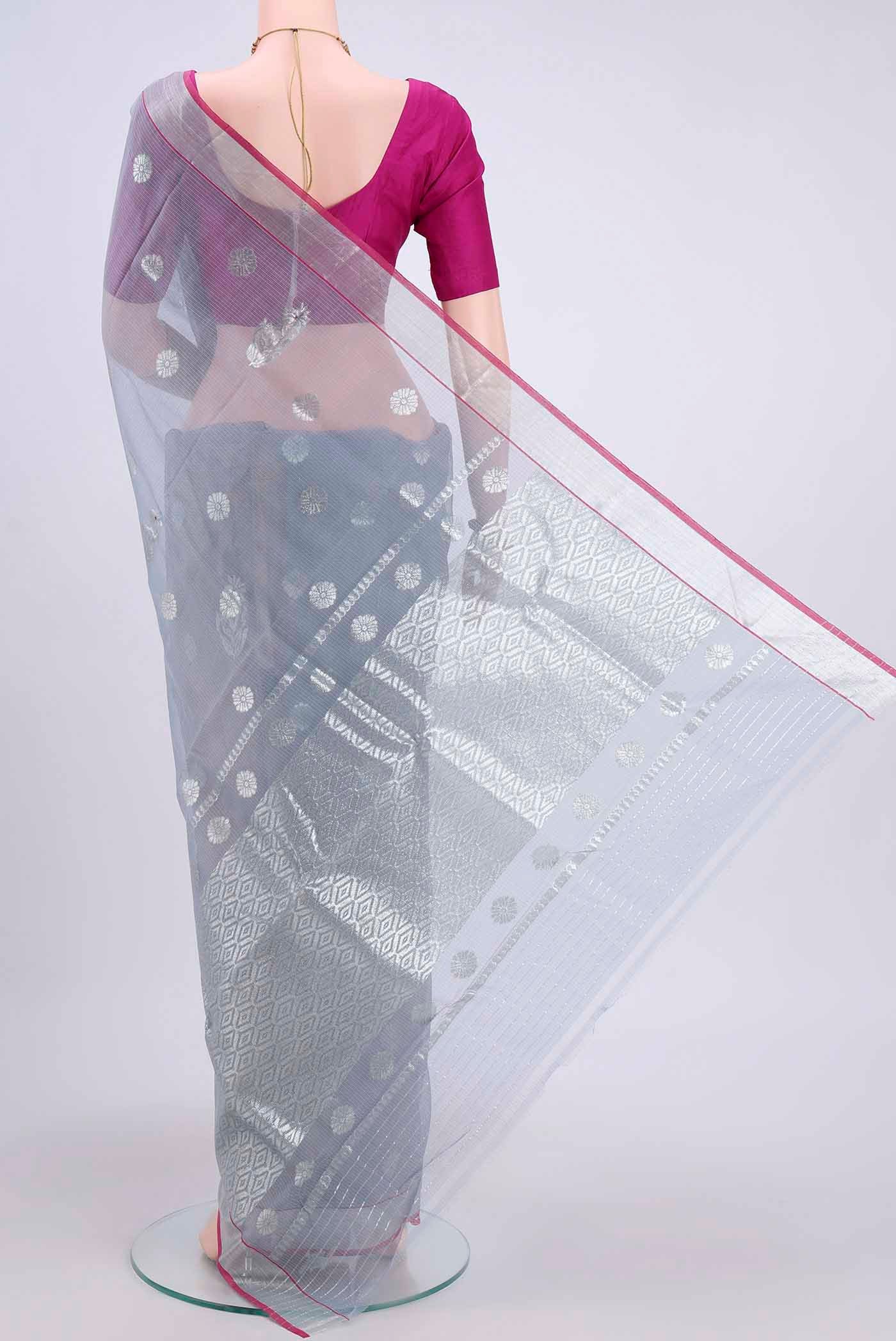 Flat view of Pure Silk Pure Zari Grey Kota Saree with Zari Butta on the body and Zari Border