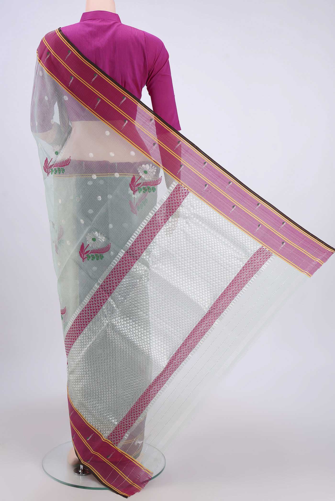 Flat view of Pure Silk Pure Zari Grey Kota Cotton Saree with Zari And Thread Butta on the body and Zari Border. 
