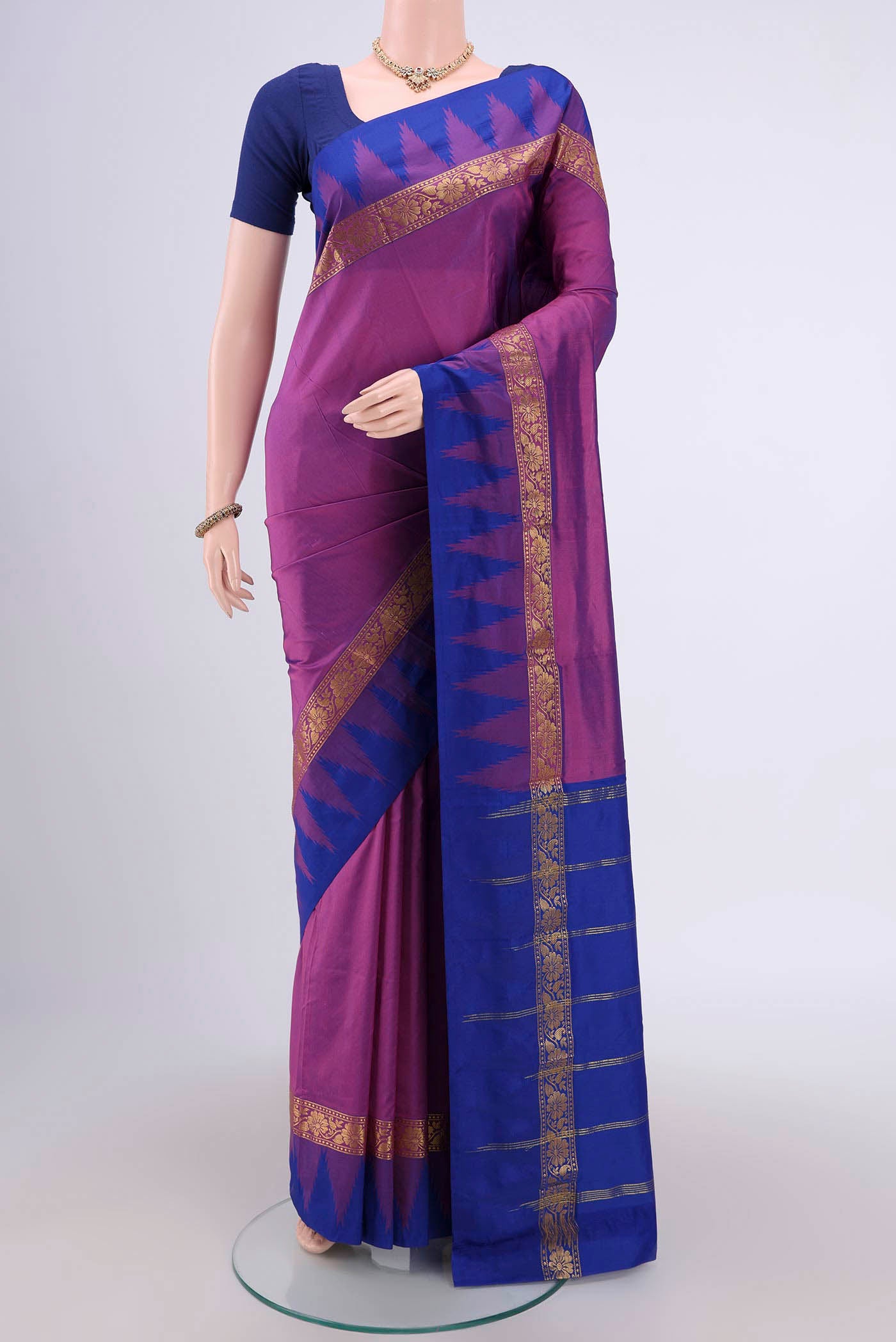 Mauve Dual Tone Blended Bangalore Silk Saree with Plain Body and Temple Border.  displayed on a mannequin