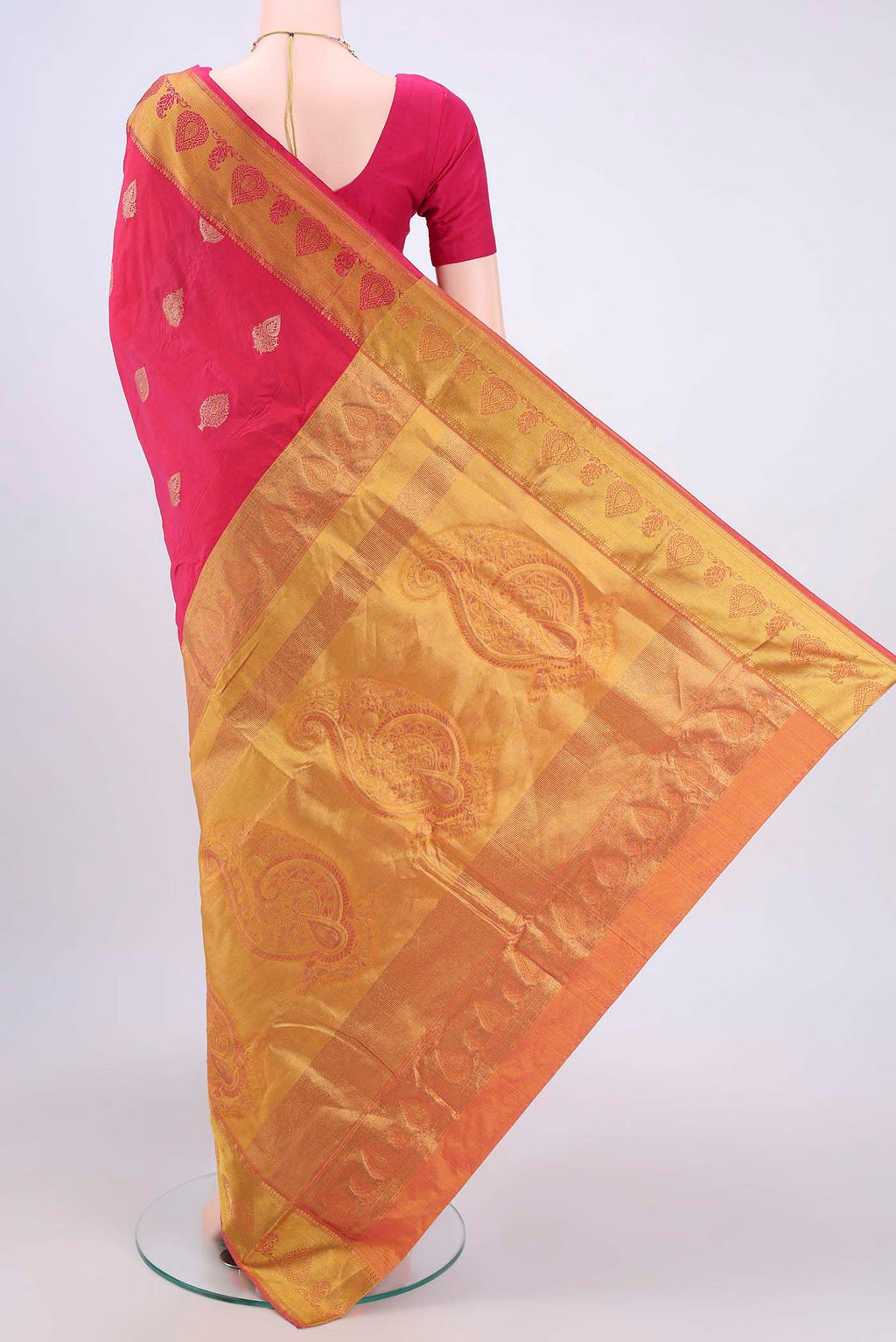 Flat view of Dark Pink Blended Bangalore Silk Saree with Zari Butta on the body and Zari Border. 