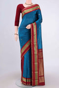 Dark Blue Blended Bangalore Silk Saree with Zari Butta on the body and Zari Border.  displayed on a mannequin