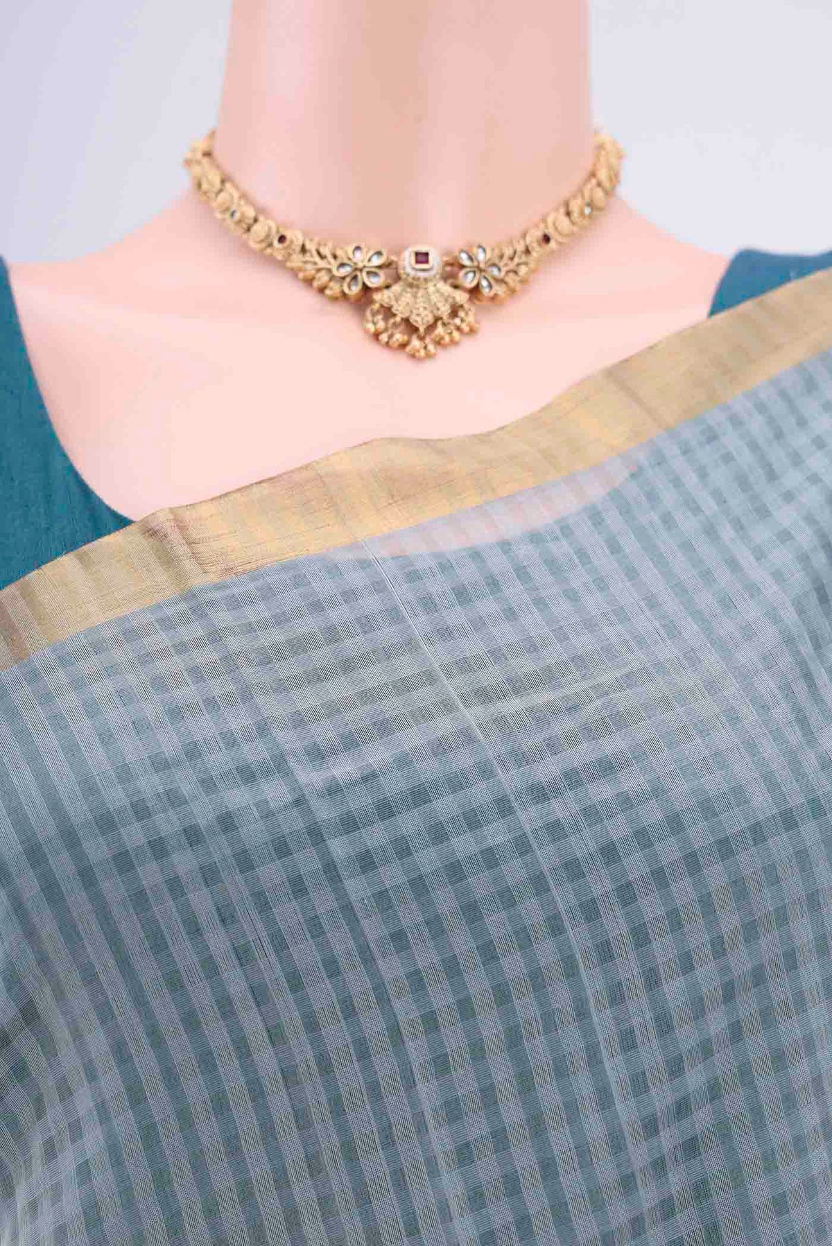 Border image of Blue Grey Silk Cotton Saree with Plain Body and Zari Border. 