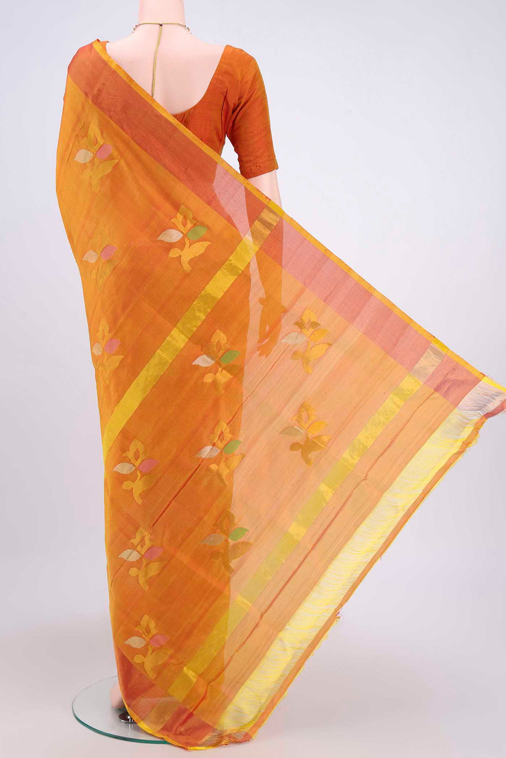 Flat view of Yellow Uppada Silk Saree with Zari Butta on the body and Zari Border. 