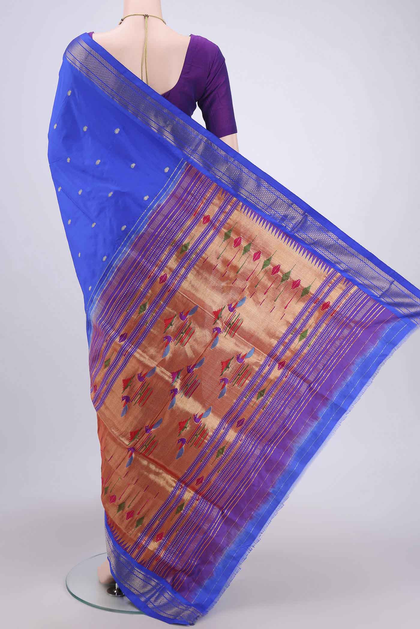Flat view of Royal Blue Soft Silk Saree with Zari Butta on the body and Zari Border. 