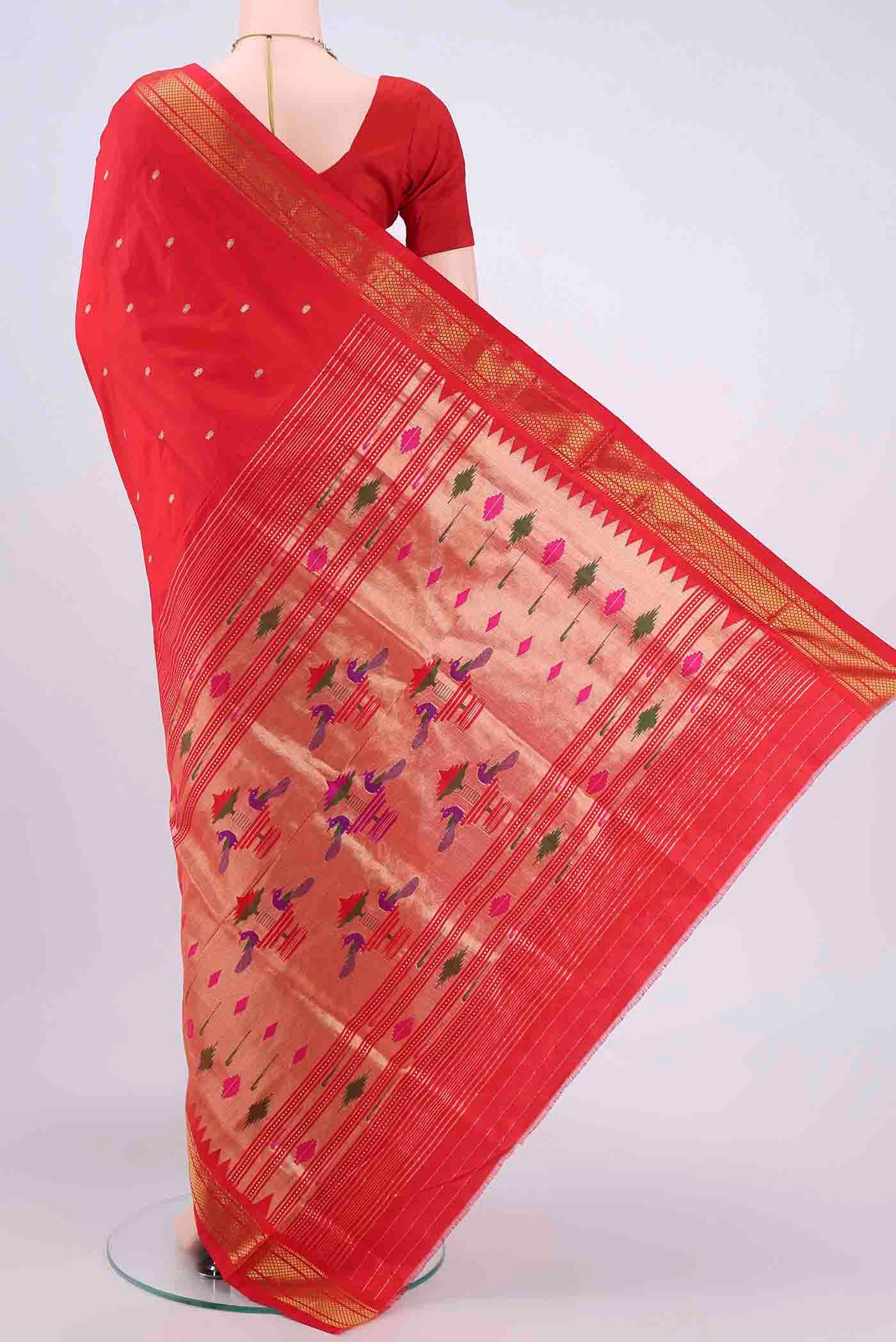 Flat view of Red Paithani Silk Saree with Zari Butta on the body and Zari Border. 
