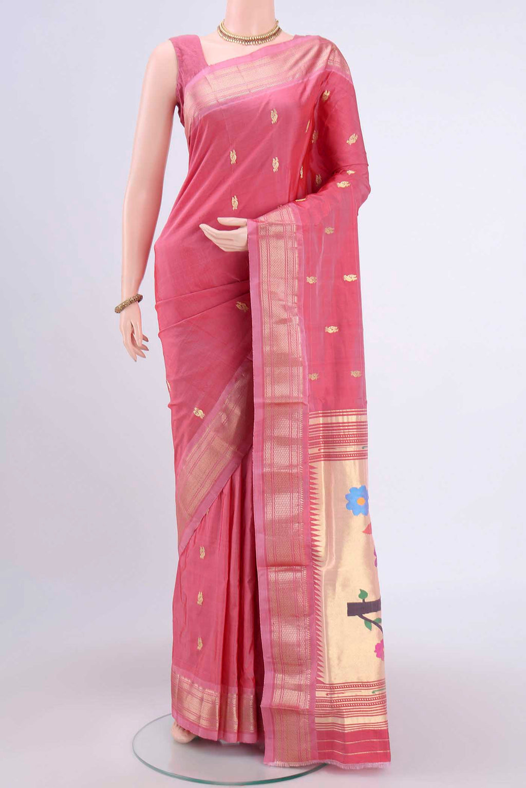 Pink Paithani Silk Saree with Zari Butta on the body and Zari Border.  displayed on a mannequin