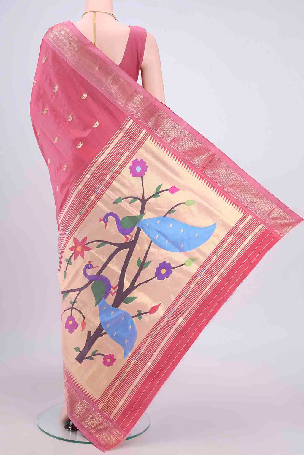 Flat view of Pink Paithani Silk Saree with Zari Butta on the body and Zari Border. 