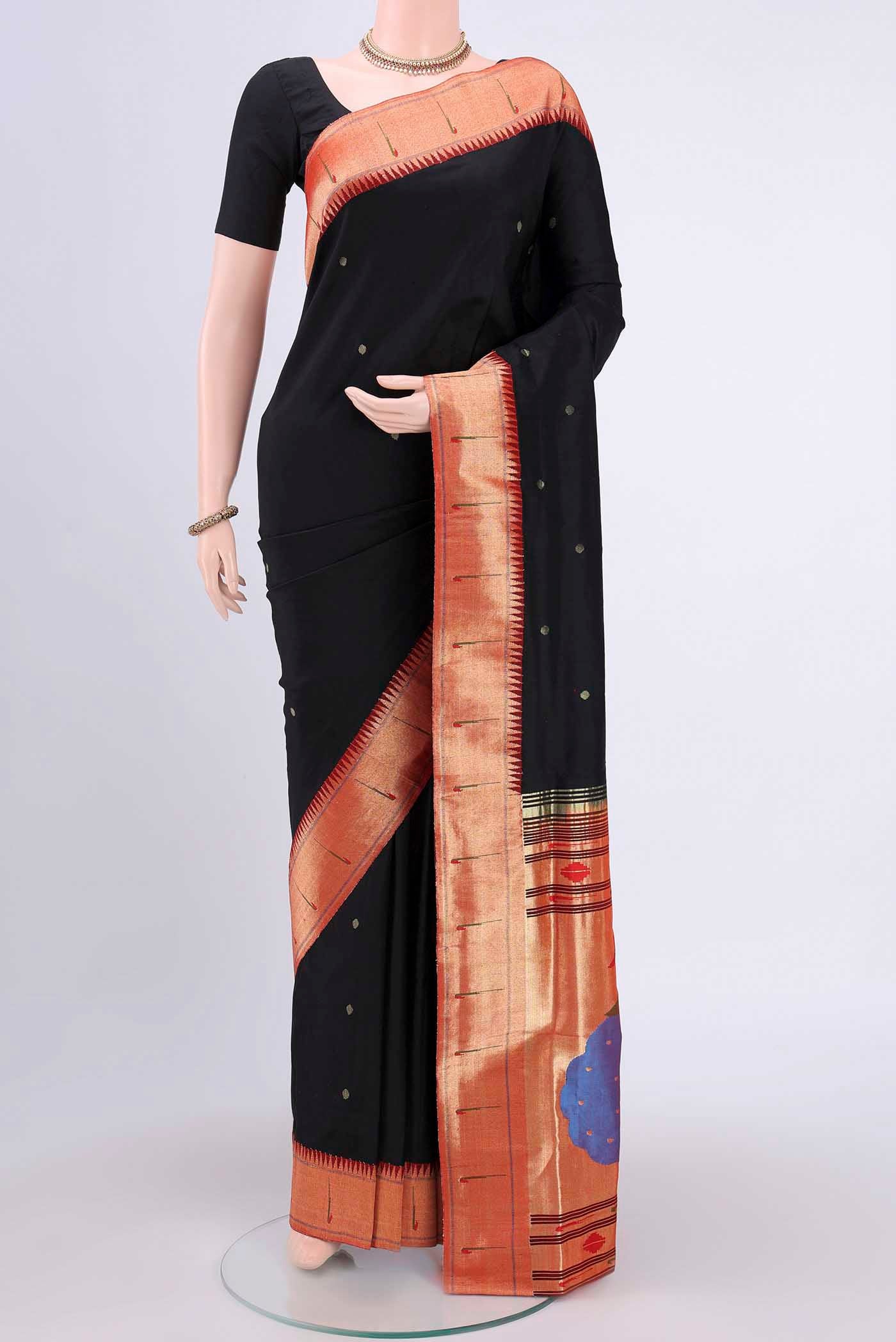 Black Paithani Silk Saree with Zari Butta on the body and Zari Border.  displayed on a mannequin