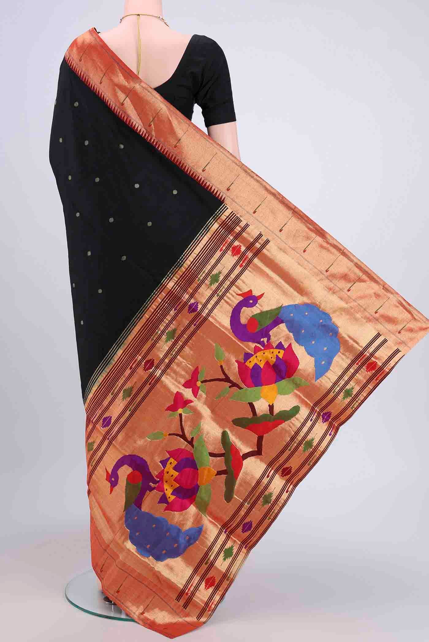 Flat view of Black Paithani Silk Saree with Zari Butta on the body and Zari Border. 
