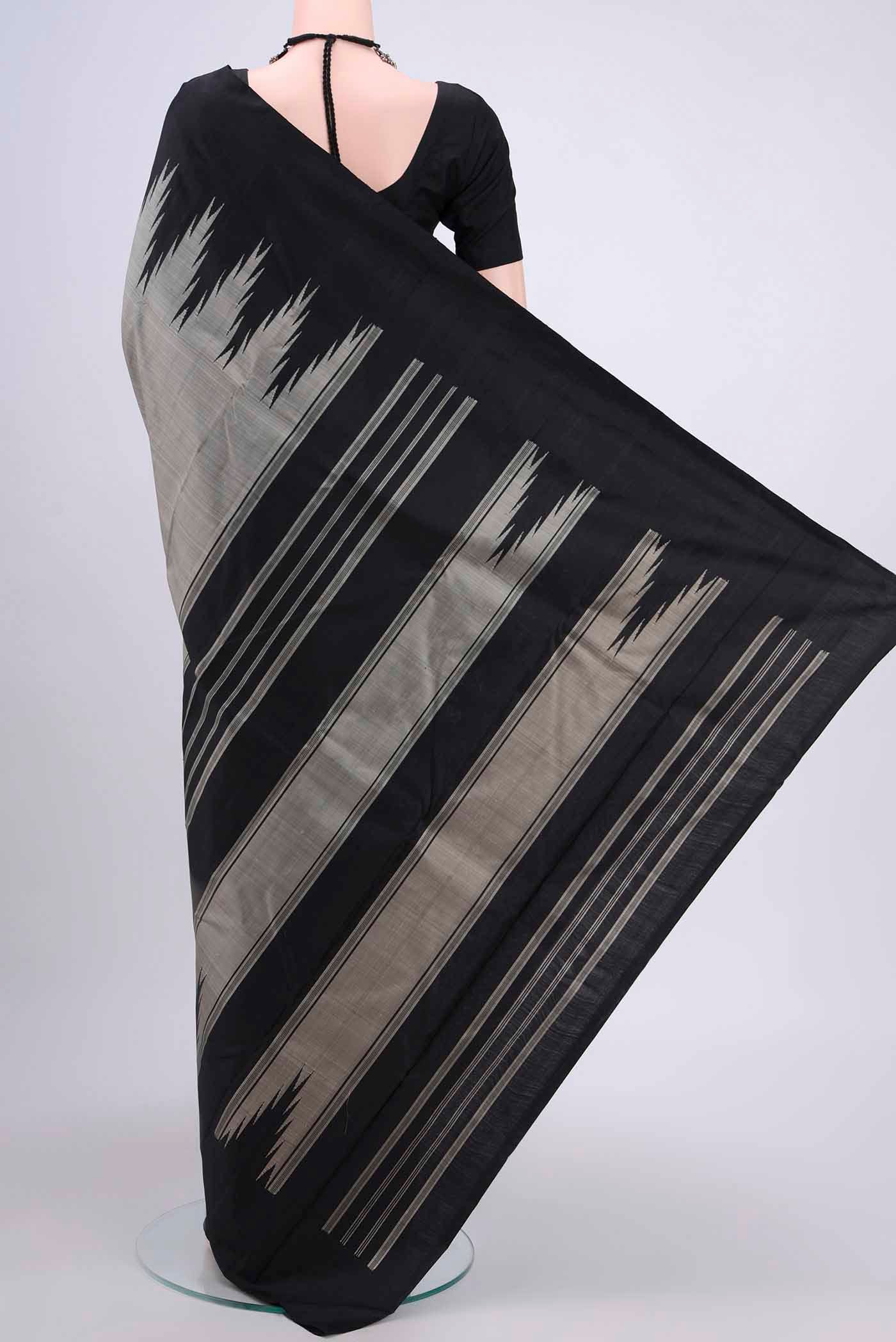 Flat view of Grey Kanchipuram Saree with Plain Body and Temple Border