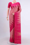Peach Kanchipuram Saree with Plain Body and Temple Border displayed on a mannequin
