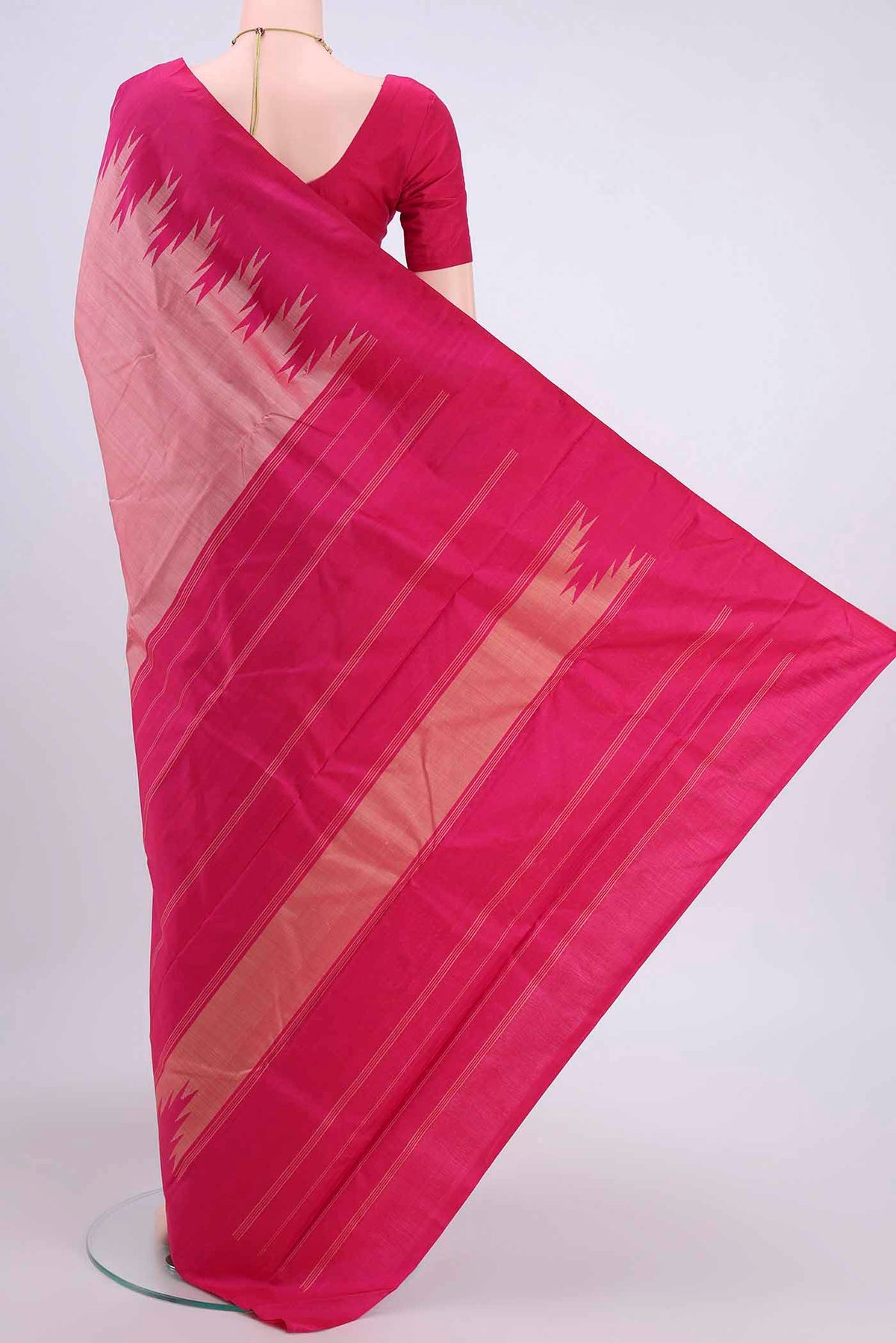 Flat view of Peach Kanchipuram Saree with Plain Body and Temple Border