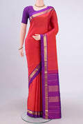 Dark Pink Dual Tone Kanjivaram Silk Saree with Plain Body and Zari Border.  displayed on a mannequin