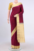 Burgundy Dual Tone Kanjivaram Saree with Plain Body and Zari Border.  displayed on a mannequin