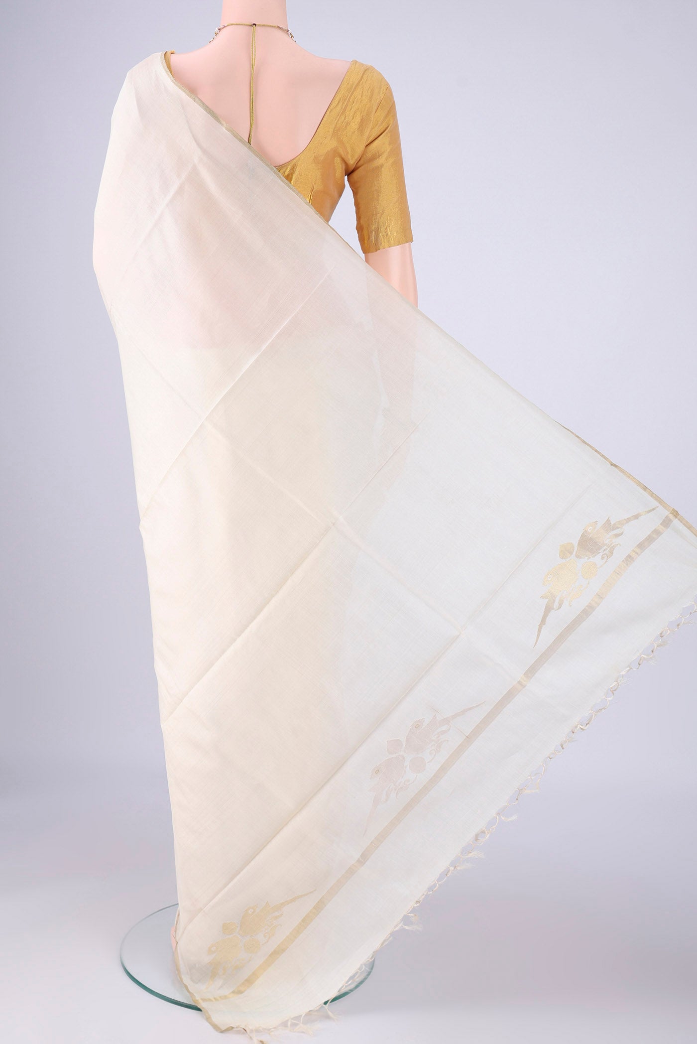 Flat view of Off White MP Tussar Saree with Plain Body and Zari Border. 