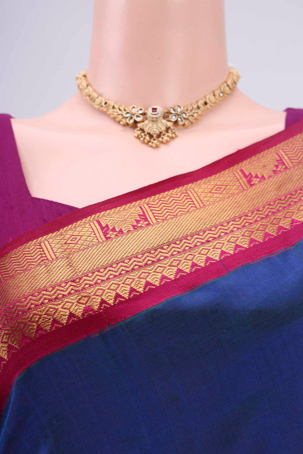 Border image of Peacock Blue Blended Coimbatore Silk Cotton Saree with Plain Body and Zari Border. 