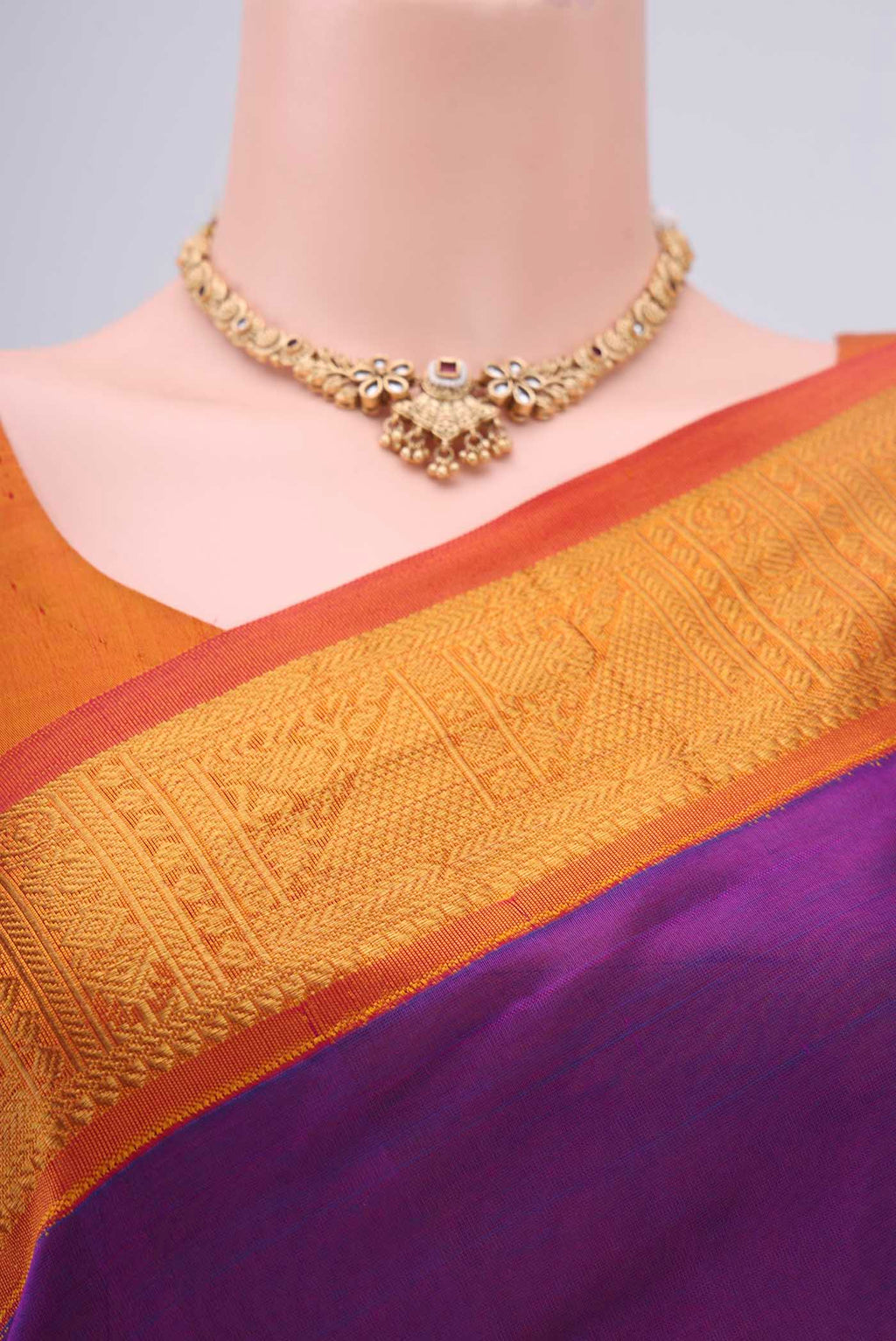 Border image of Purple Blended Coimbatore Silk Cotton Saree with Checked design on the body and Zari Border. 