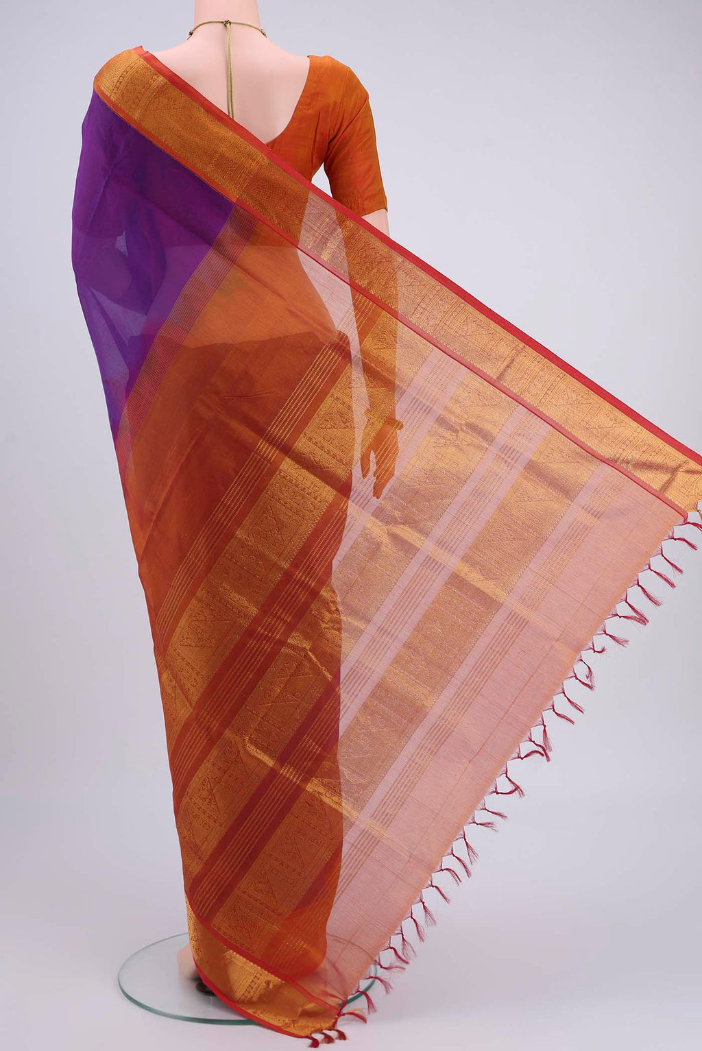 Flat view of Purple Blended Coimbatore Silk Cotton Saree with Checked design on the body and Zari Border. 