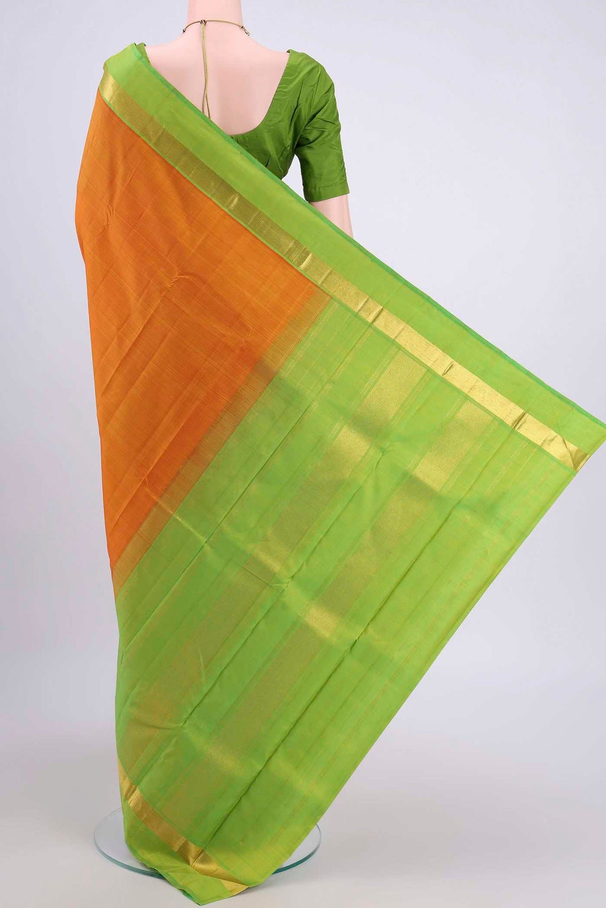 Flat view of Mustard Kanchipuram Saree with Plain Body and Zari Border