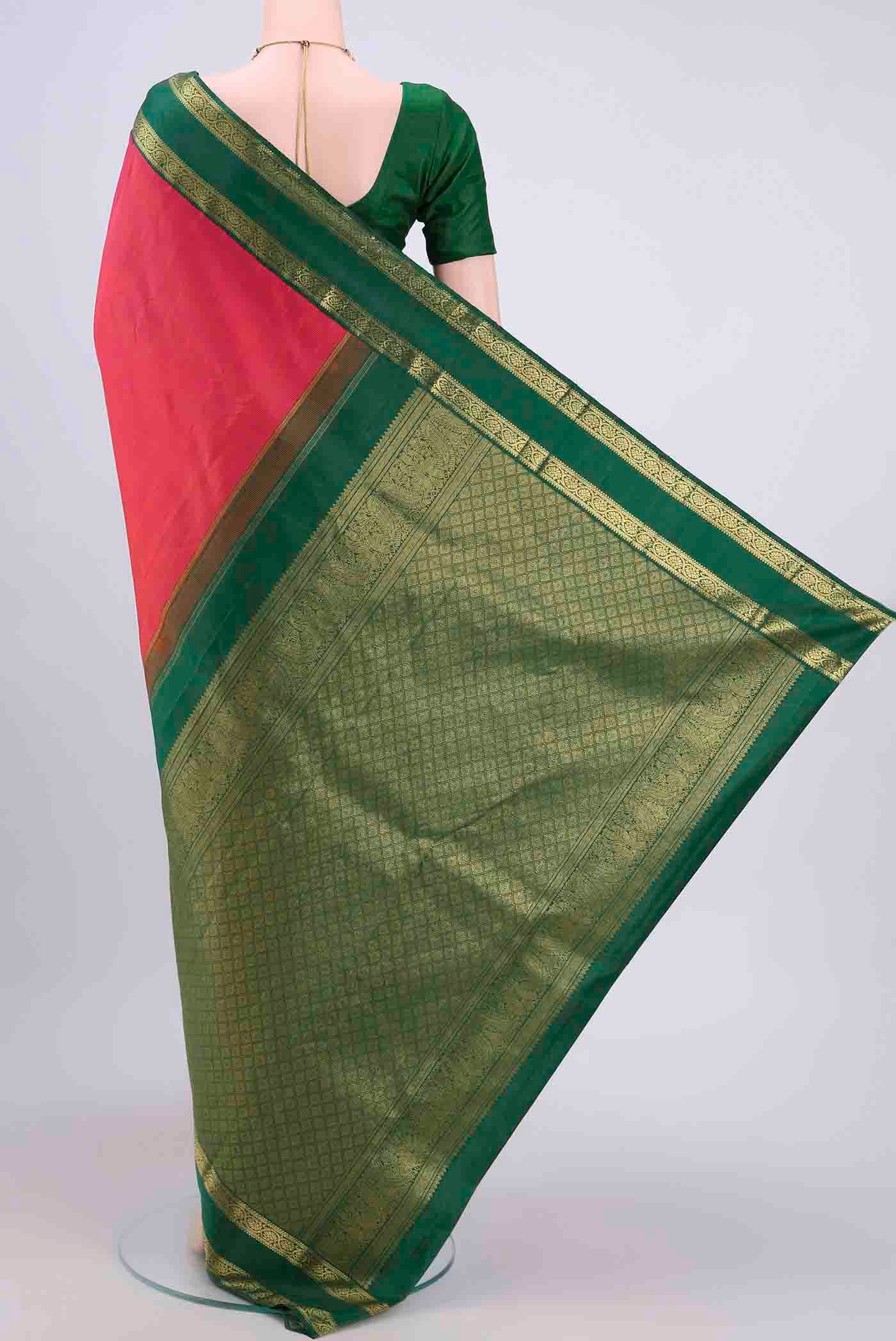 Flat view of Dark Pink Kanchipuram Saree with Plain Body and Zari Border