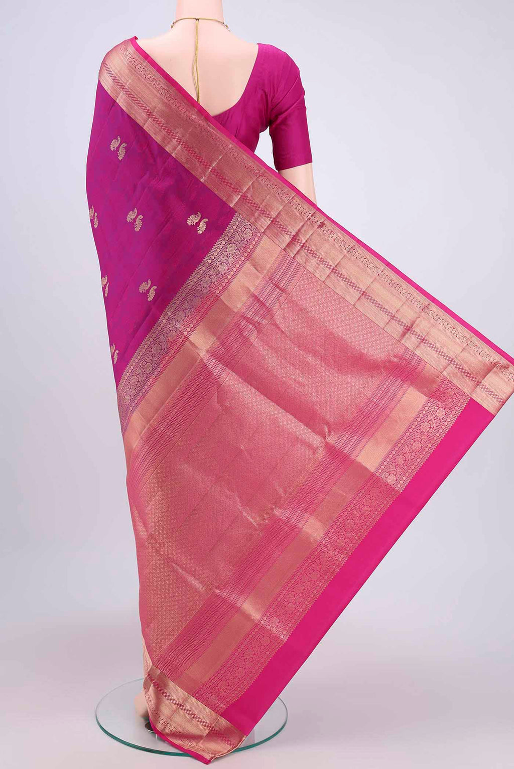 Flat view of Magenta Dual Tone Soft Silk Saree with Jacquard With Zari Butta on the body and Zari Border. 