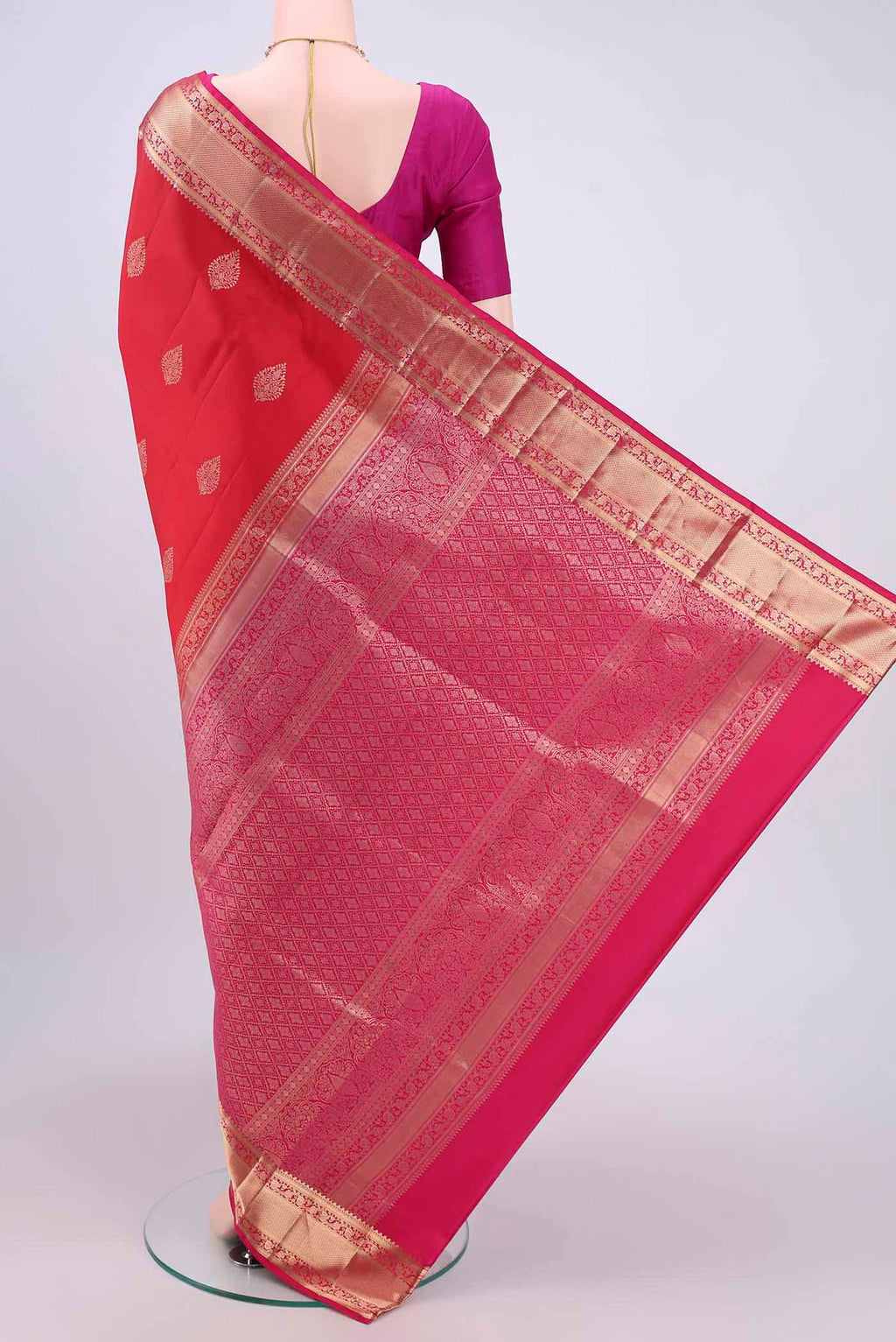 Flat view of Red Soft Silk Saree with Zari Butta on the body and Fancy Border. 