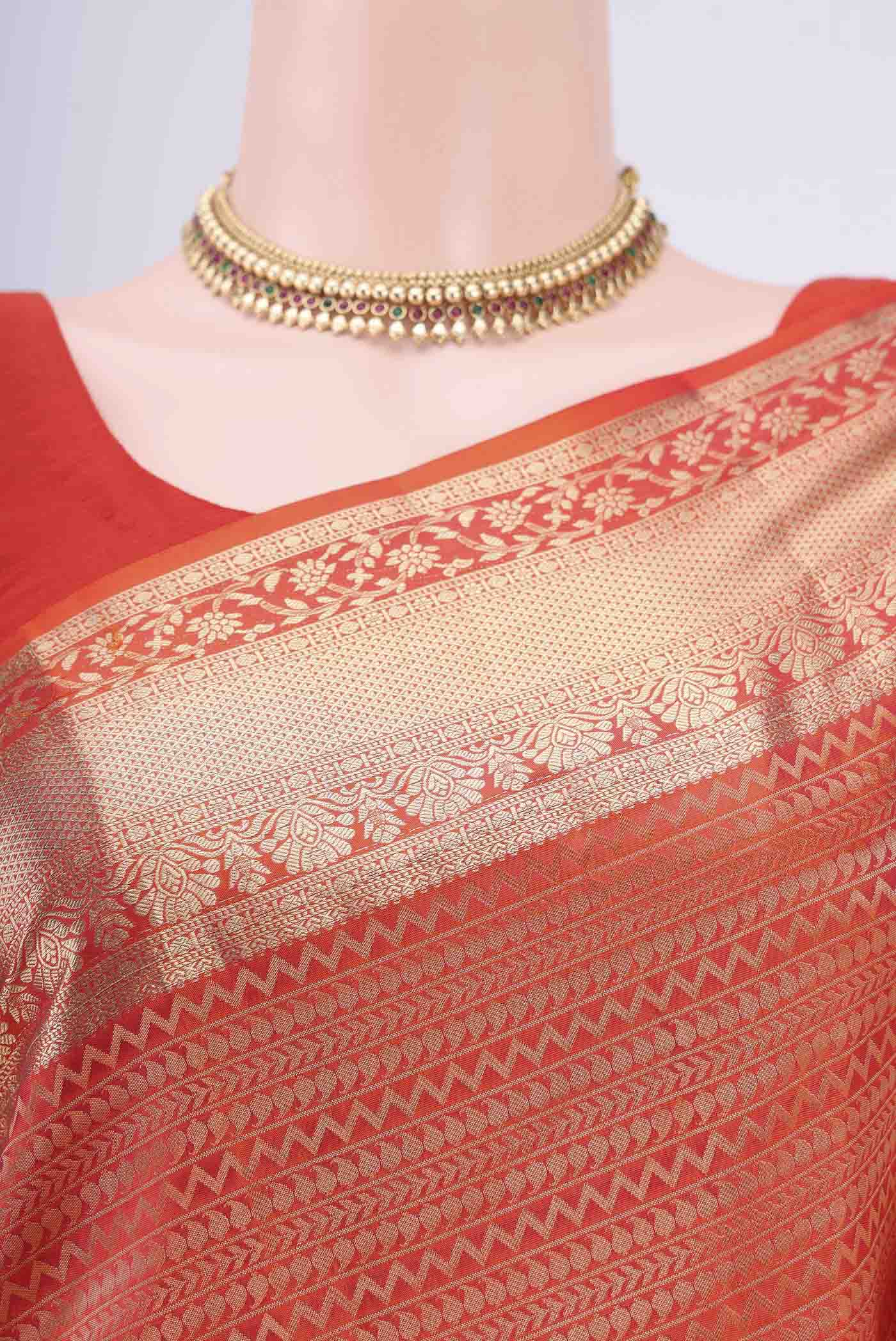 Border image of Brick Orange Dual Tone Soft Silk Saree with Zari Brocade on the body and Zari Border. 