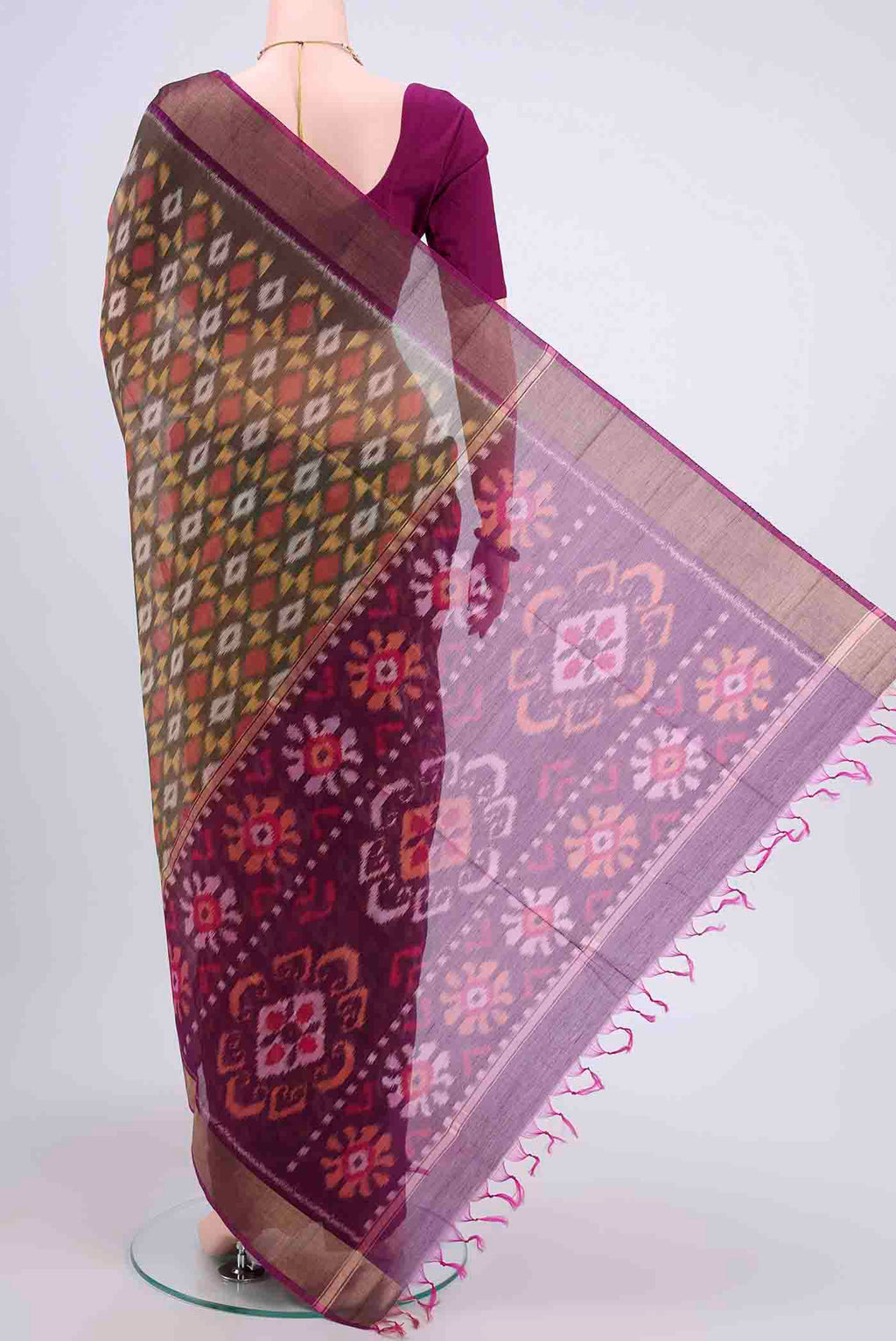 Flat view of Davys Grey Kora Cotton Saree with Ikat design on the body and Zari Border