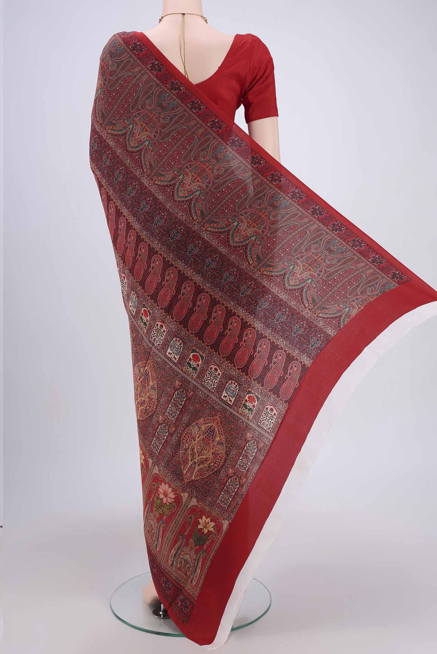 Flat view of Rust Crepe Saree with Fancy on the body and Plain Border. 