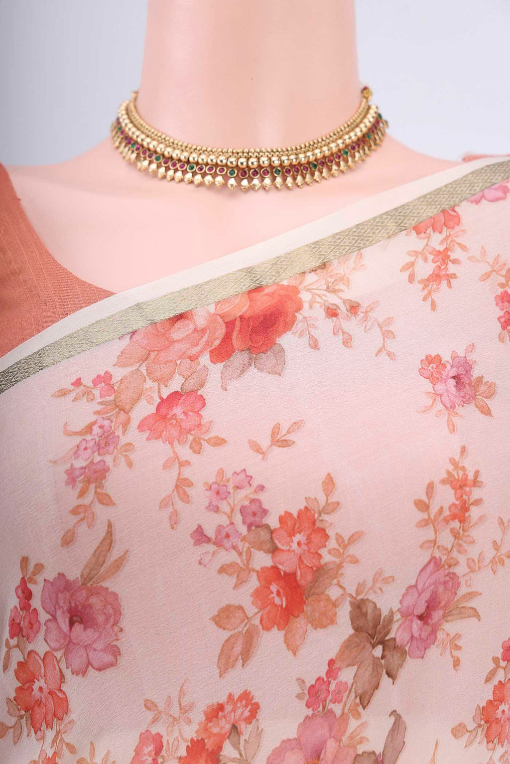 Border image of Off White Mysore Crepe Saree with Floral Print on the body and Printed Border. 