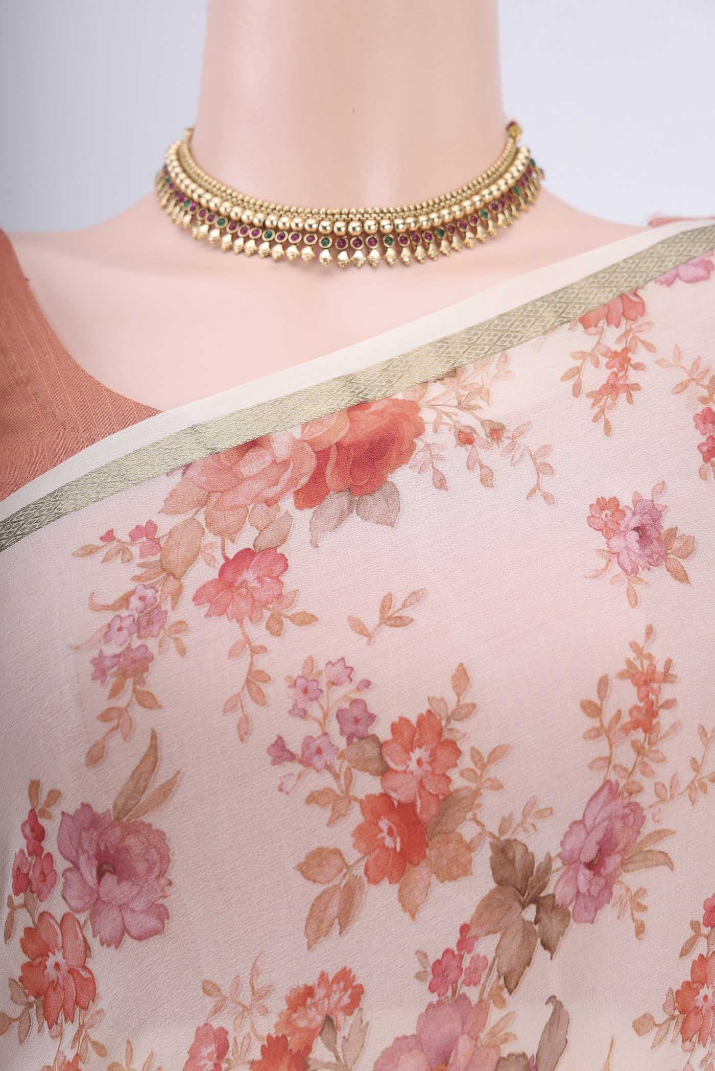 Border image of Off White Mysore Crepe Saree with Floral Print on the body and Printed Border. 